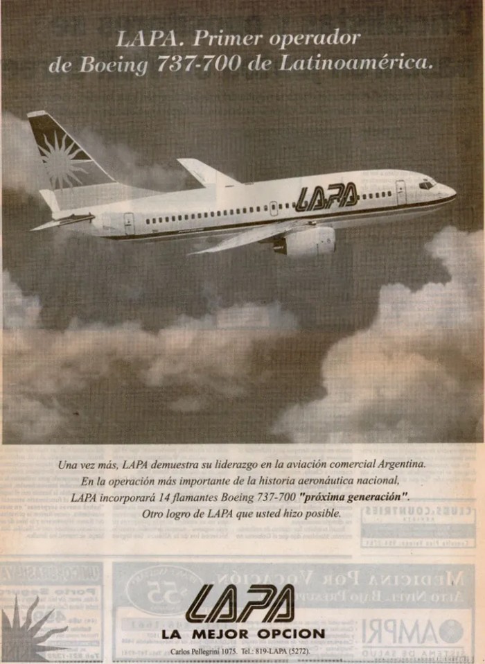 Aviso de LAPA con un Boeing 737-700 y el lema La mejor opción